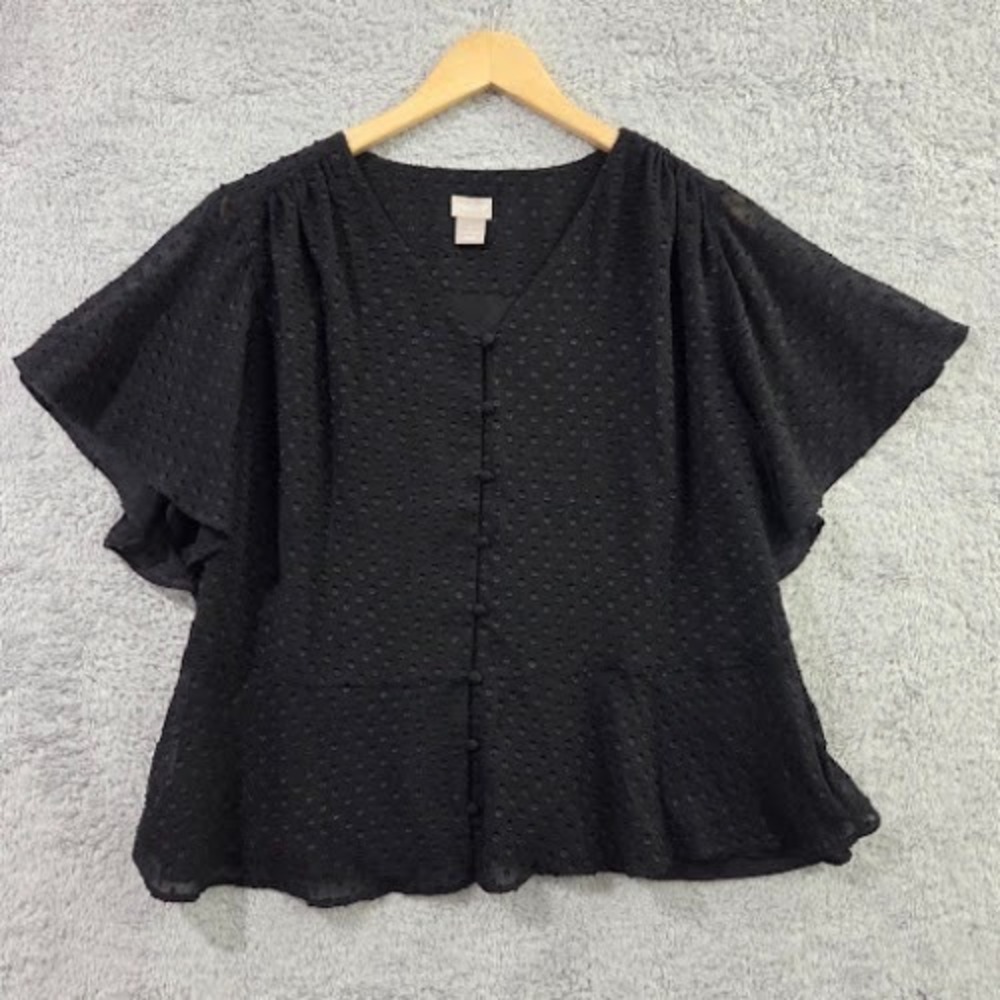 Chicos Blouse 2 Large Black Clip Dot Flutter Sleeve V Neck Button‎ Front Top